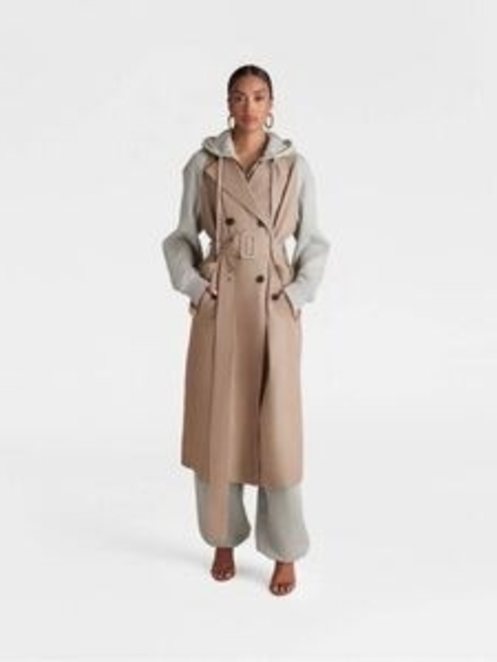 Long Beige Trench Coat Vest with Hooded Layer